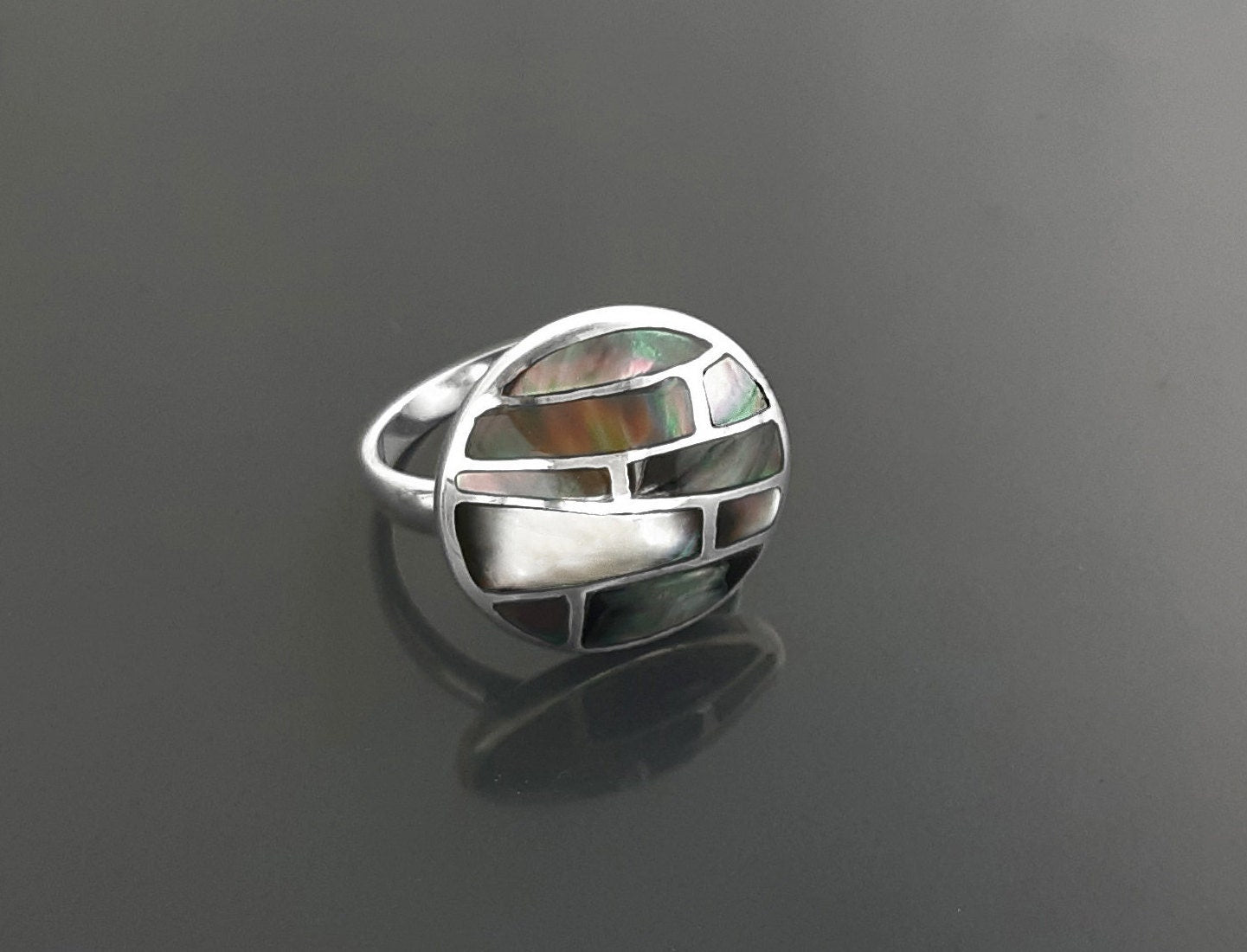Sterling Silver Mosaic Ring, Grey Paua Shell, White Mother of Pearl, Geometric Jewelry
