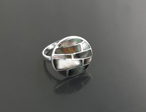 Sterling Silver Mosaic Ring, Grey Paua Shell, White Mother of Pearl, Geometric Jewelry