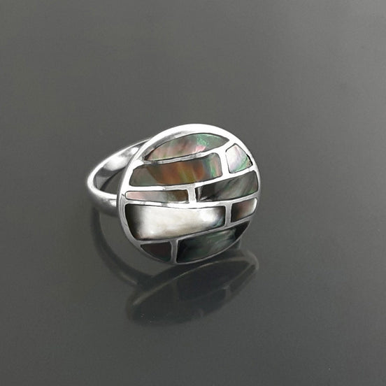 Sterling Silver Mosaic Ring, Grey Paua Shell, White Mother of Pearl, Geometric Jewelry