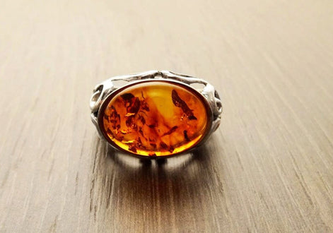 Amber Ring, Sterling Silver, Boho Vintage Design Jewelry, Horizontal Oval Stone, Genuine Amber Gemstone, open-work Lace Filigree Setting