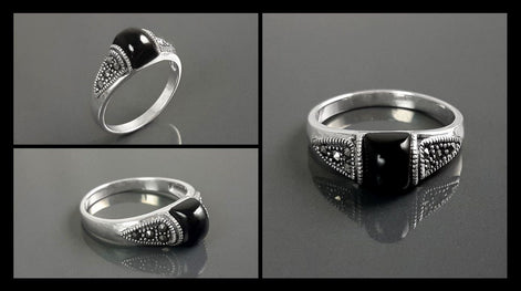 Vintage Art Deco Sterling Silver Ring, Black Onyx & Marcasite