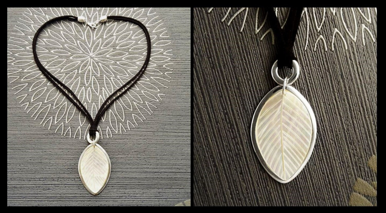Leaf Necklace, Genuine White Mother of Pearl, Sterling Silver Pendant, Black Leather, Veins Laurel Leaf, Nature Jewelry Autumn Branch