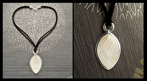 Leaf Necklace, Genuine White Mother of Pearl, Sterling Silver Pendant, Black Leather, Veins Laurel Leaf, Nature Jewelry Autumn Branch