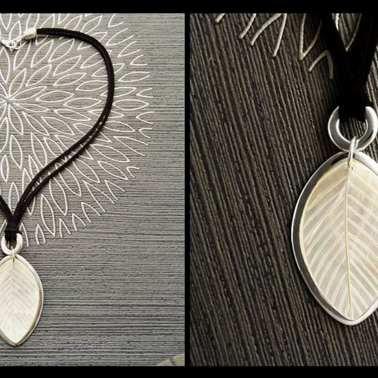 Leaf Necklace, Genuine White Mother of Pearl, Sterling Silver Pendant, Black Leather, Veins Laurel Leaf, Nature Jewelry Autumn Branch