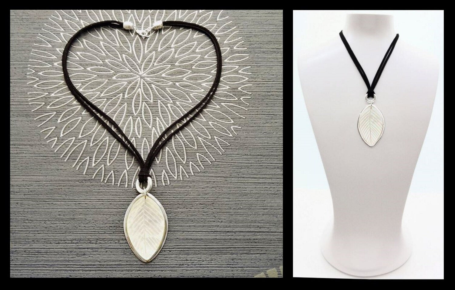 Leaf Necklace, Genuine White Mother of Pearl, Sterling Silver Pendant, Black Leather, Veins Laurel Leaf, Nature Jewelry Autumn Branch