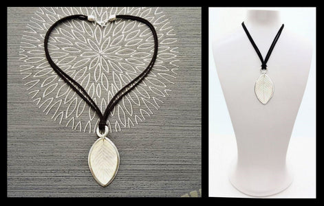 Leaf Necklace, Genuine White Mother of Pearl, Sterling Silver Pendant, Black Leather, Veins Laurel Leaf, Nature Jewelry Autumn Branch