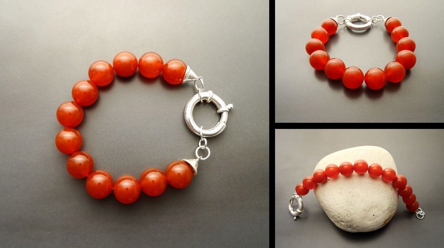 Red Stone Bracelet, Sterling Silver Clasp, Red Agate Stones, Beaded Ball Bracelet, 10 mm diameter balls, Women Round Bracelet.