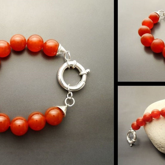 Red Stone Bracelet, Sterling Silver Clasp, Red Agate Stones, Beaded Ball Bracelet, 10 mm diameter balls, Women Round Bracelet.