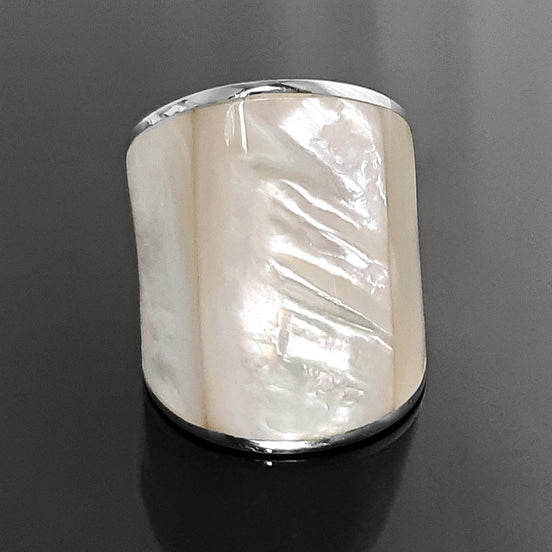 Statement Cuff Ring Sterling Silver genuine White Mother of Pearl Finger Armor Wide Ring 3 Pieces of White Pearl Shell MOP Large Ring