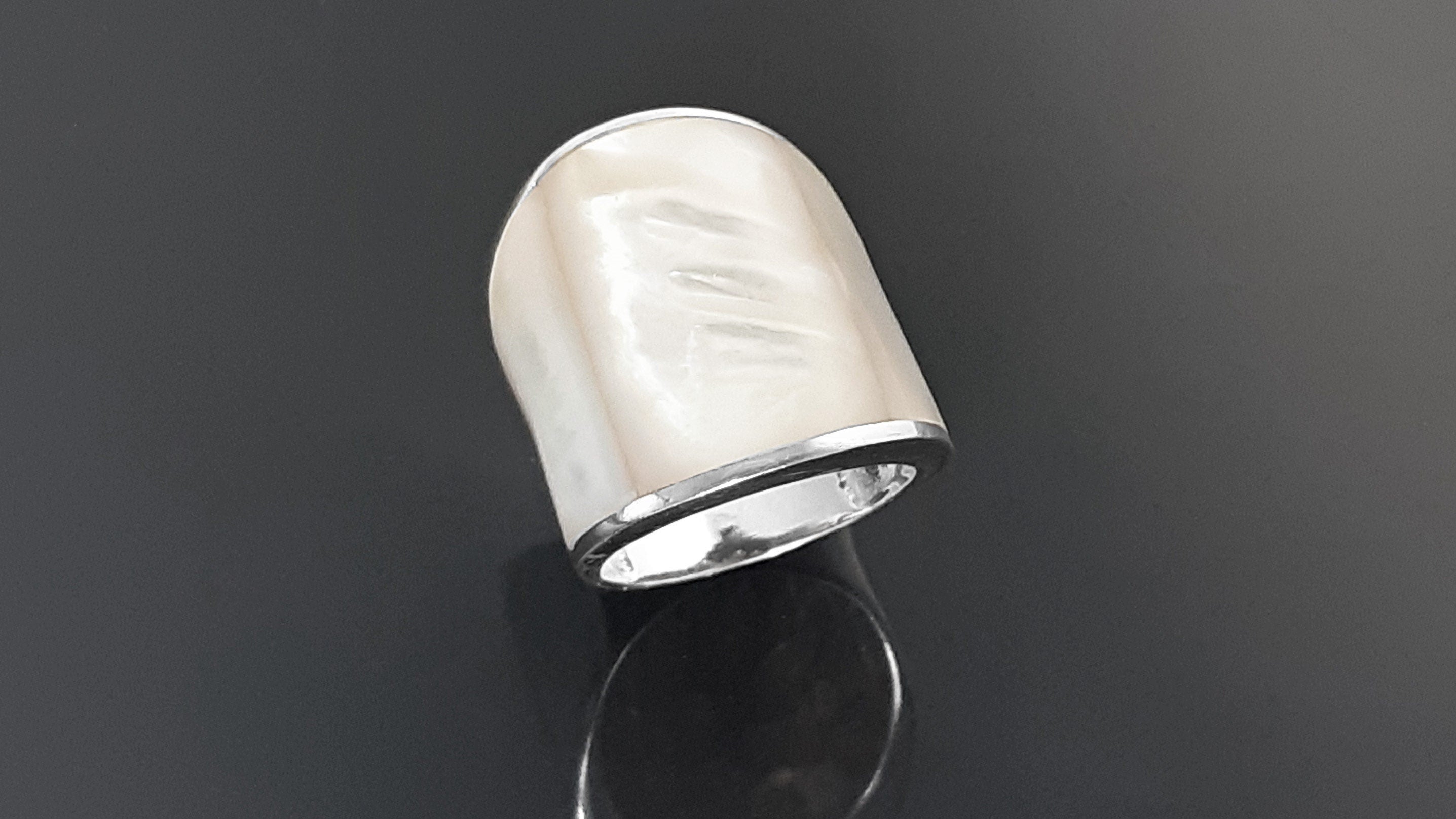 Statement Cuff Ring Sterling Silver genuine White Mother of Pearl Finger Armor Wide Ring 3 Pieces of White Pearl Shell MOP Large Ring