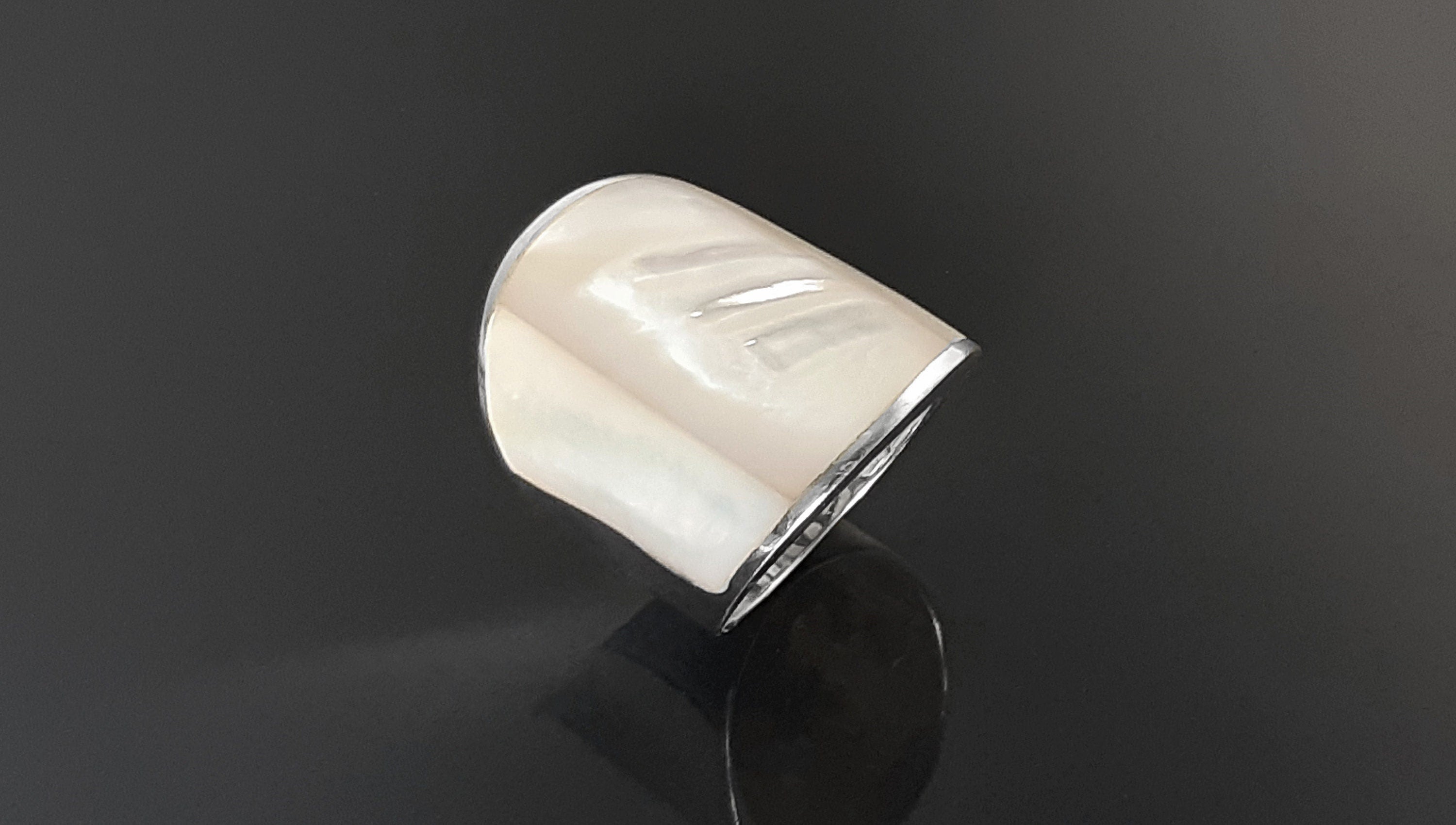 Statement Cuff Ring Sterling Silver genuine White Mother of Pearl Finger Armor Wide Ring 3 Pieces of White Pearl Shell MOP Large Ring