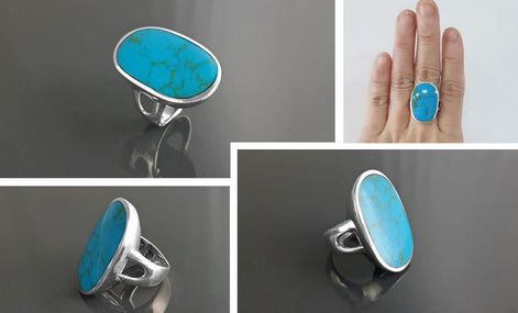Blue Turquoise Ring, Sterling Silver, Turquoise Flat Stone, Original Rectangle Oval Form Ring, Modern Designer Setting Shape Jewelry