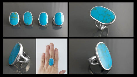 Blue Turquoise Ring, Sterling Silver, Turquoise Flat Stone, Original Rectangle Oval Form Ring, Modern Designer Setting Shape Jewelry