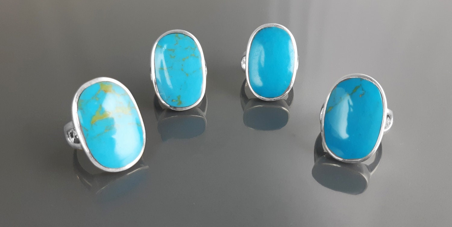 Blue Turquoise Ring, Sterling Silver, Turquoise Flat Stone, Original Rectangle Oval Form Ring, Modern Designer Setting Shape Jewelry