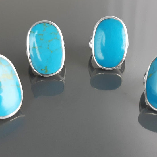 Blue Turquoise Ring, Sterling Silver, Turquoise Flat Stone, Original Rectangle Oval Form Ring, Modern Designer Setting Shape Jewelry