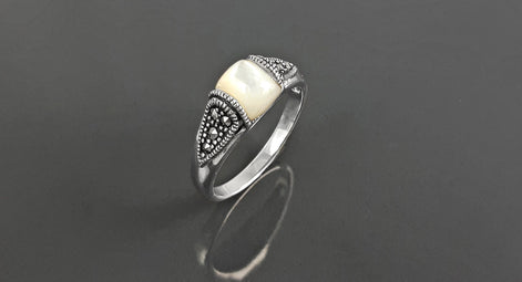 Vintage band ring, sterling silver ring with Genuine white domed Mother of pearl and marcasite stones, art-deco design style jewelry
