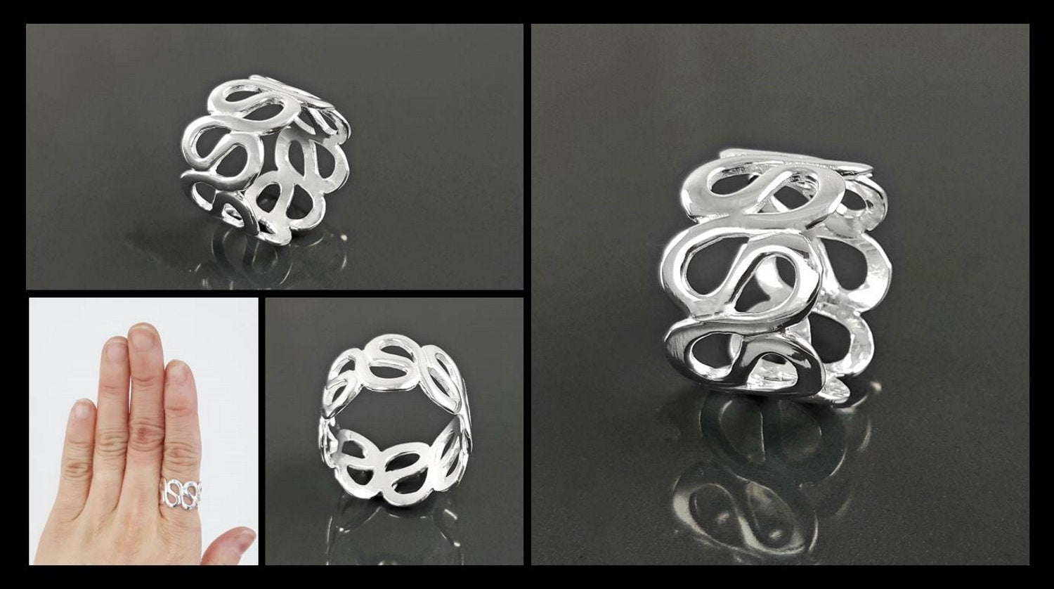 Meander Cuff Ring, Sterling Silver, Large Wave Ring, Armor Band Ring, Open Twist Ring, Greek Curved Graphic Design Jewelry