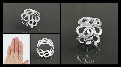 Meander Cuff Ring, Sterling Silver, Large Wave Ring, Armor Band Ring, Open Twist Ring, Greek Curved Graphic Design Jewelry
