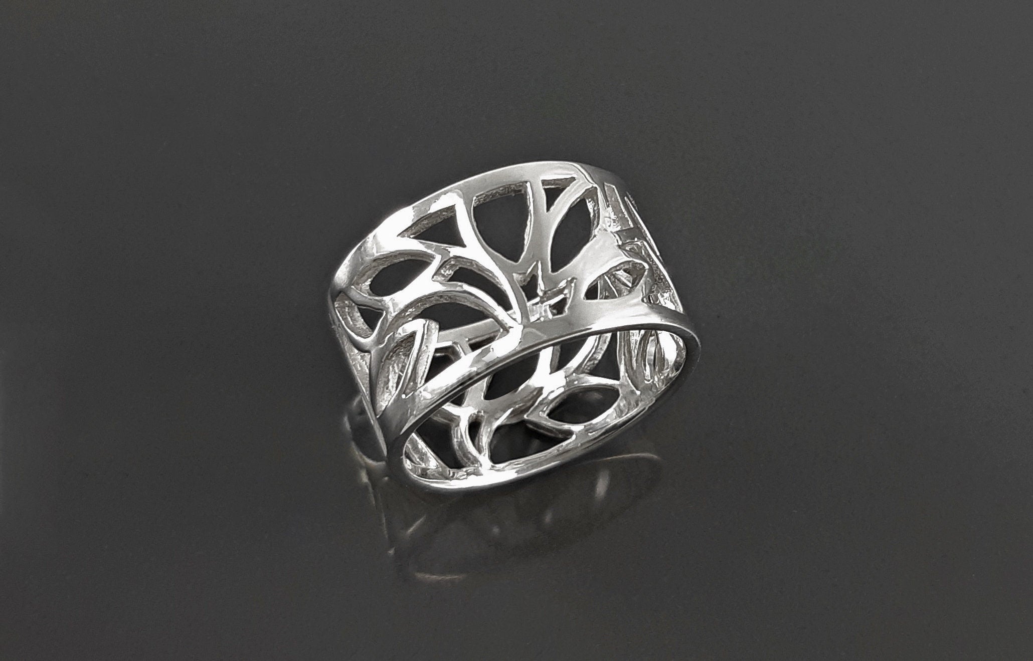 Sterling Silver Tree of Life Filigree Ring, Engraved Leaf Band Jewelry