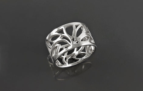 Sterling Silver Tree of Life Filigree Ring, Engraved Leaf Band Jewelry