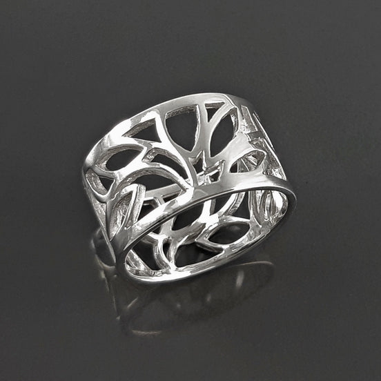 Sterling Silver Tree of Life Filigree Ring, Engraved Leaf Band Jewelry