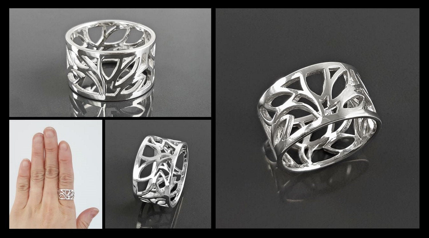 Sterling Silver Tree of Life Filigree Ring, Engraved Leaf Band Jewelry