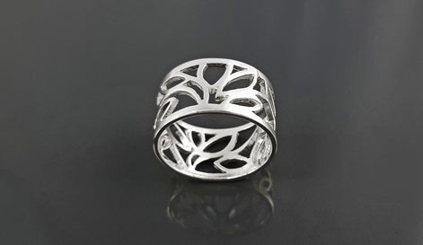 Sterling Silver Tree of Life Filigree Ring, Engraved Leaf Band Jewelry