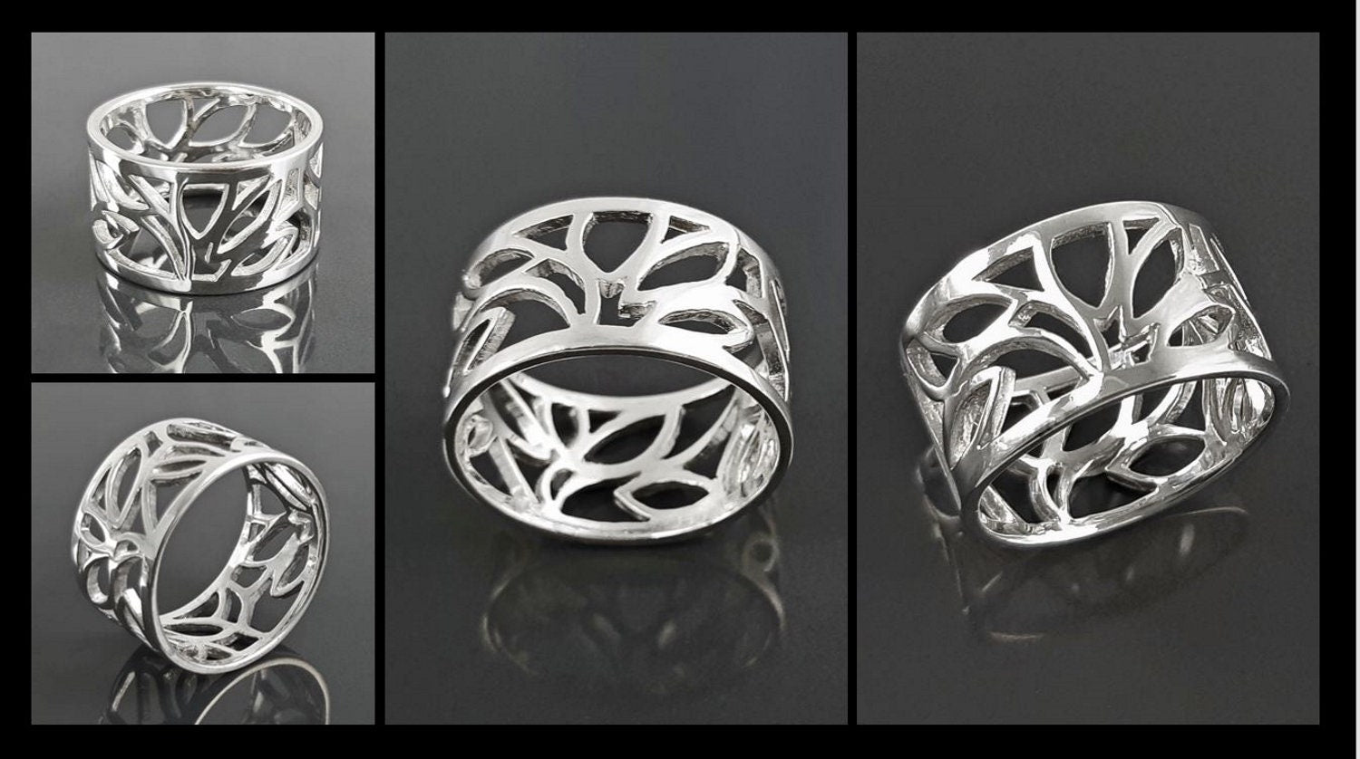 Sterling Silver Tree of Life Filigree Ring, Engraved Leaf Band Jewelry