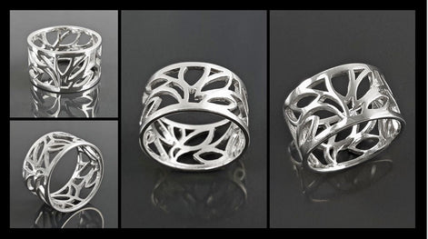Sterling Silver Tree of Life Filigree Ring, Engraved Leaf Band Jewelry