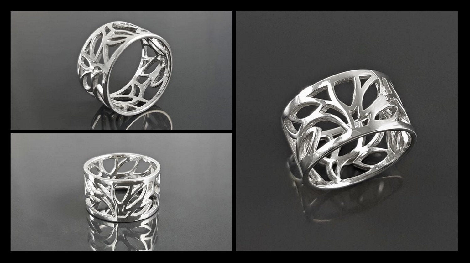 Sterling Silver Tree of Life Filigree Ring, Engraved Leaf Band Jewelry
