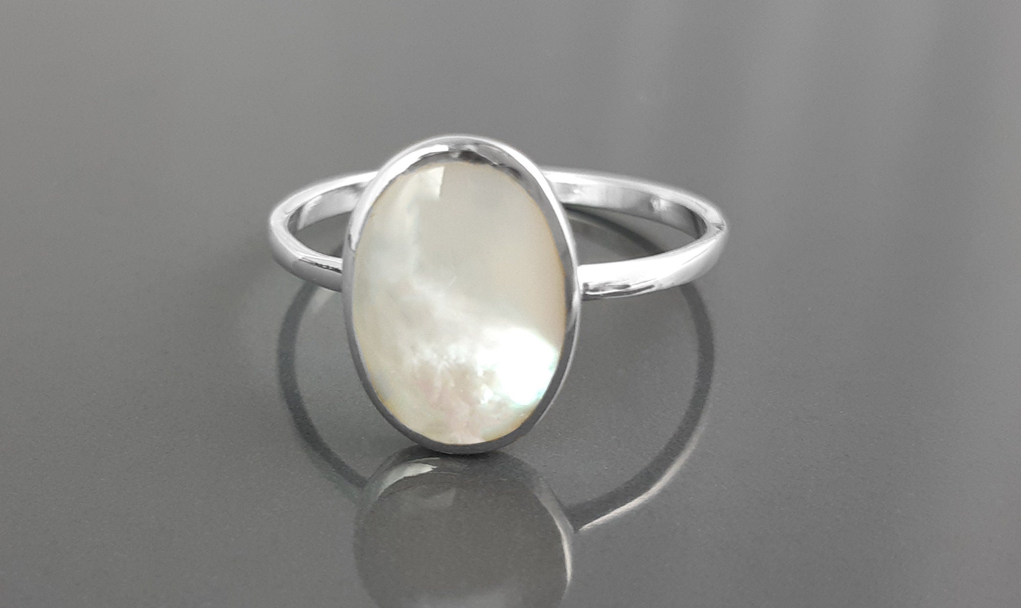Flat Oval Pendant, Sterling Silver Genuine Mother of Pearl Gemstone with Rainbow reflection, Small Everyday jewelry, Modern Minimalist Style