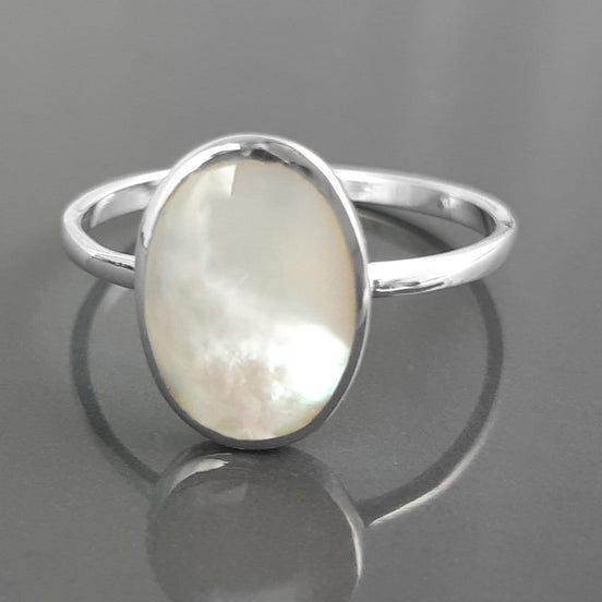 Flat Oval Ring, Sterling Silver Genuine Mother of Pearl Gemstone with Rainbow reflection, Small Everyday jewelry, Modern Minimalist Style