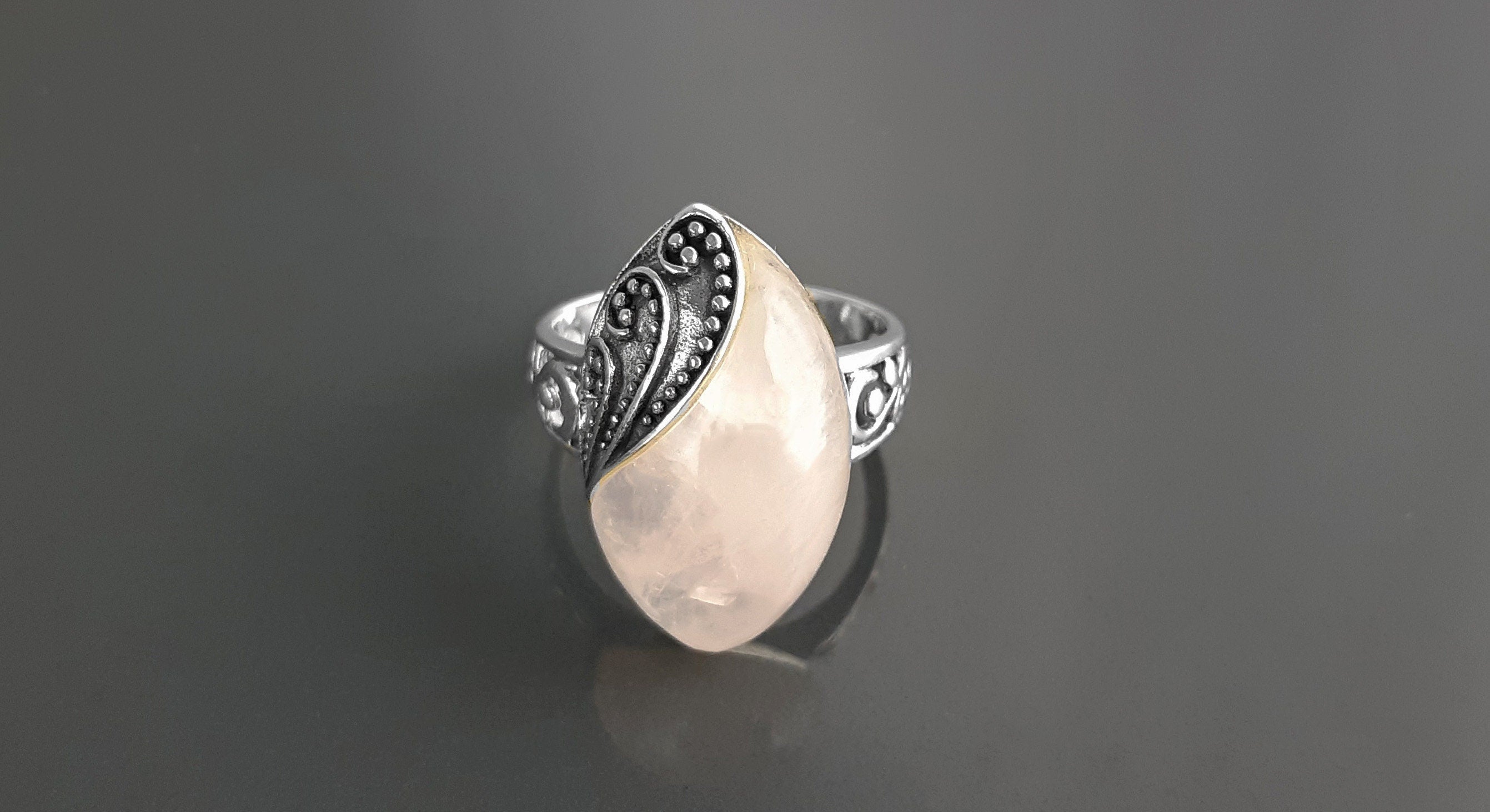 Antique Quartz Ring, Sterling Silver, NATURAL Rose Quartz, Pink Stone, Filigree Design, Almond Oval Ring, Quartz Birthstone Jewelry