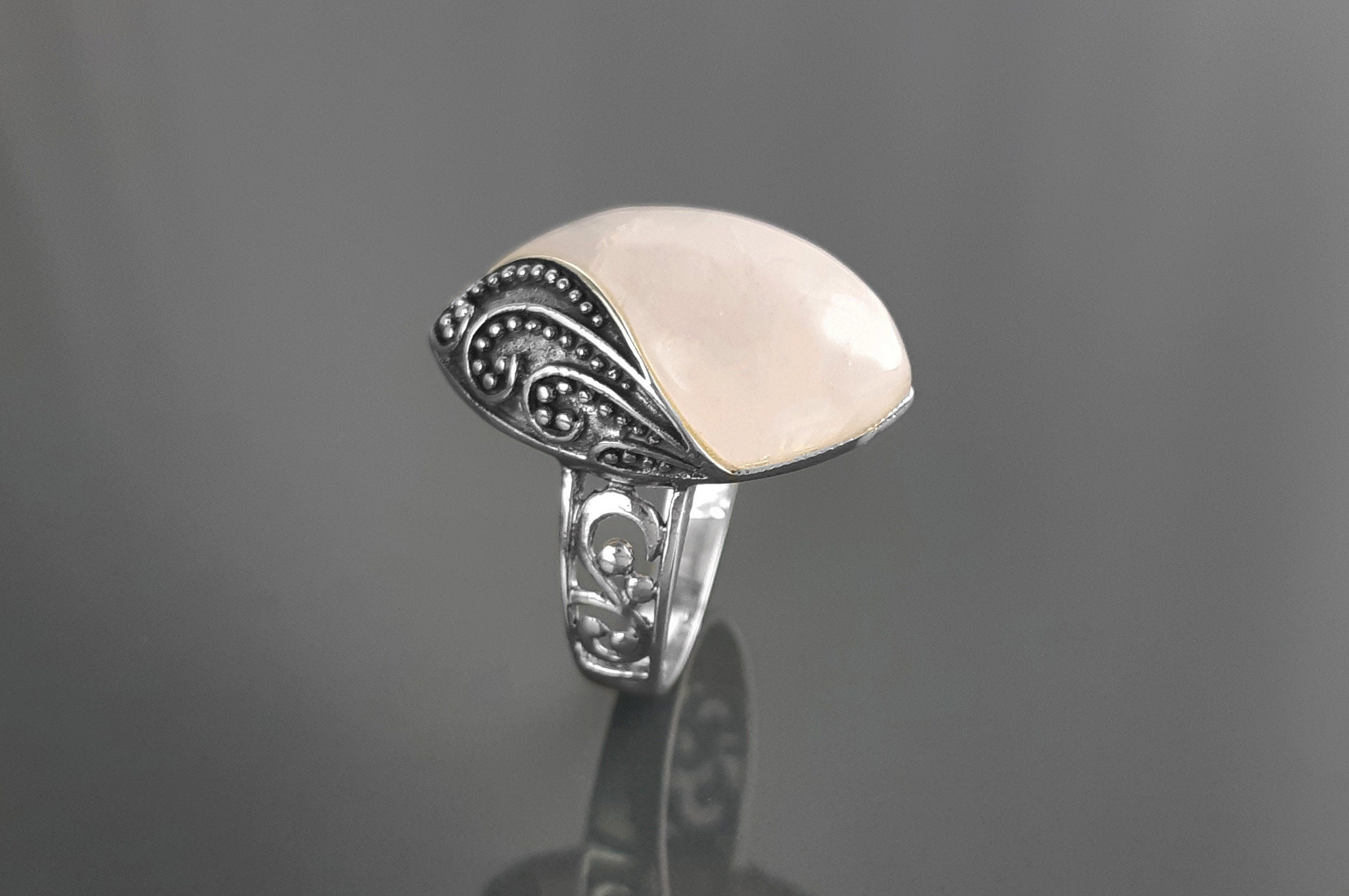 Antique Quartz Ring, Sterling Silver, NATURAL Rose Quartz, Pink Stone, Filigree Design, Almond Oval Ring, Quartz Birthstone Jewelry