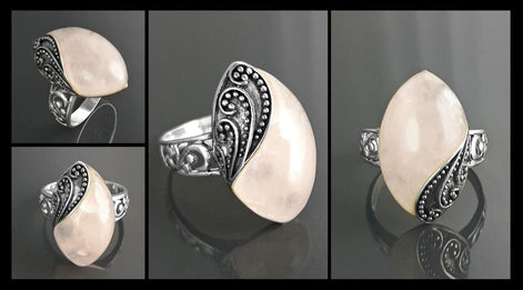 Antique Quartz Ring, Sterling Silver, NATURAL Rose Quartz, Pink Stone, Filigree Design, Almond Oval Ring, Quartz Birthstone Jewelry