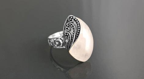 Antique Quartz Ring, Sterling Silver, NATURAL Rose Quartz, Pink Stone, Filigree Design, Almond Oval Ring, Quartz Birthstone Jewelry