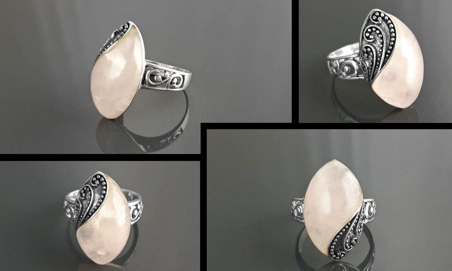 Antique Quartz Ring, Sterling Silver, NATURAL Rose Quartz, Pink Stone, Filigree Design, Almond Oval Ring, Quartz Birthstone Jewelry