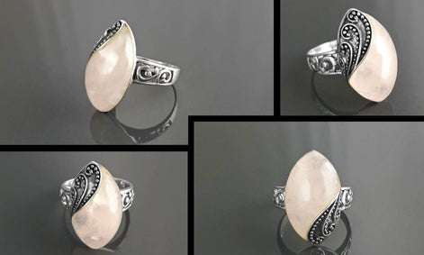 Antique Quartz Ring, Sterling Silver, NATURAL Rose Quartz, Pink Stone, Filigree Design, Almond Oval Ring, Quartz Birthstone Jewelry