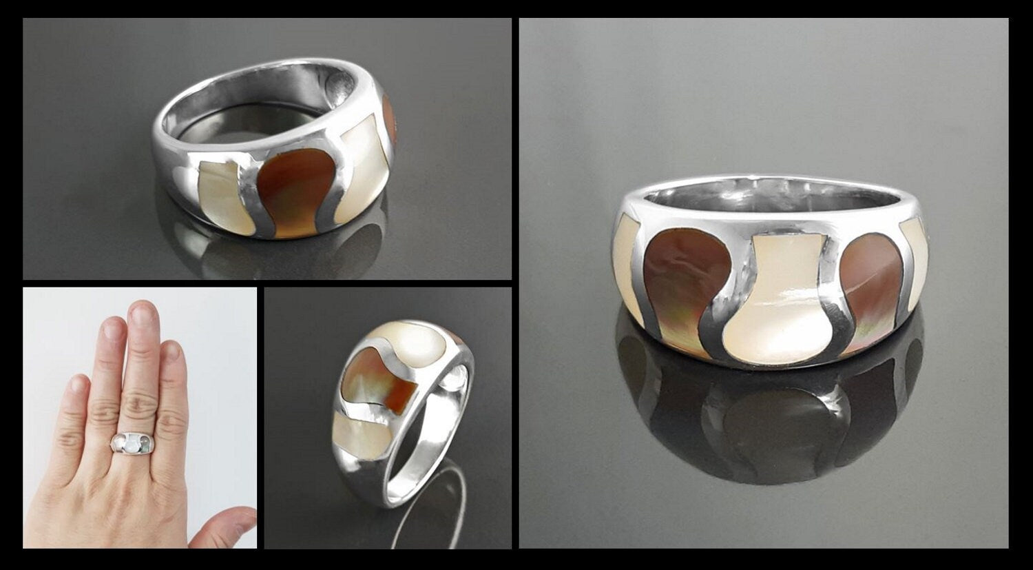 Beautiful MOP Wave Ring, Two Colors Shell Band Ring, Silver Ring, 925 Sterling Silver, Large Ring, Domed Silver Ring, Mother of Pearl.