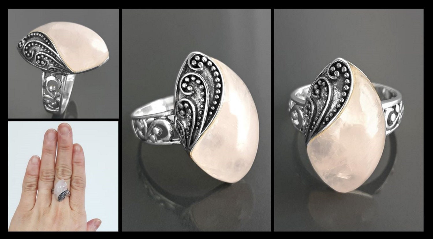 Antique Quartz Ring, Sterling Silver, NATURAL Rose Quartz, Pink Stone, Filigree Design, Almond Oval Ring, Quartz Birthstone Jewelry