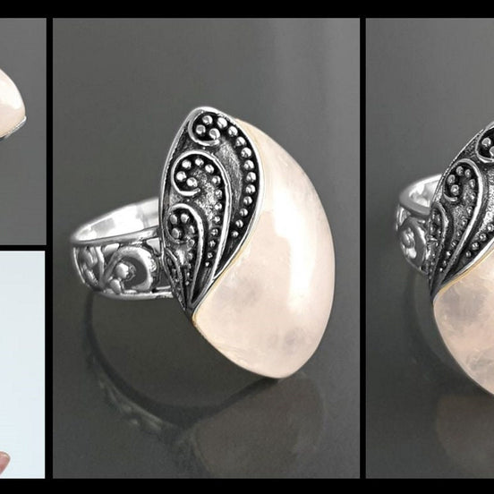 Antique Quartz Ring, Sterling Silver, NATURAL Rose Quartz, Pink Stone, Filigree Design, Almond Oval Ring, Quartz Birthstone Jewelry