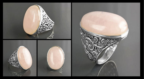 NATURAL Pink Quartz 925 Ring, Sterling Silver, Oval Rose Quartz Stone Gemstone, Vintage Baroque Medieval Romantic Design Jewelry By KRAMIKE