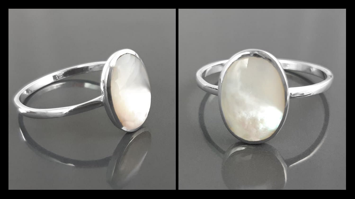Flat Oval Ring, Sterling Silver Genuine Mother of Pearl Gemstone with Rainbow reflection, Small Everyday jewelry, Modern Minimalist Style