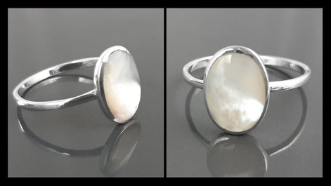 Flat Oval Ring, Sterling Silver Genuine Mother of Pearl Gemstone with Rainbow reflection, Small Everyday jewelry, Modern Minimalist Style