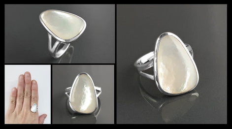 White Delta Ring 925 Sterling Silver, Mother of Pearl Shell Minimalist White Stone Ring, Geometric Triangle Designed Ring, Delta Ring