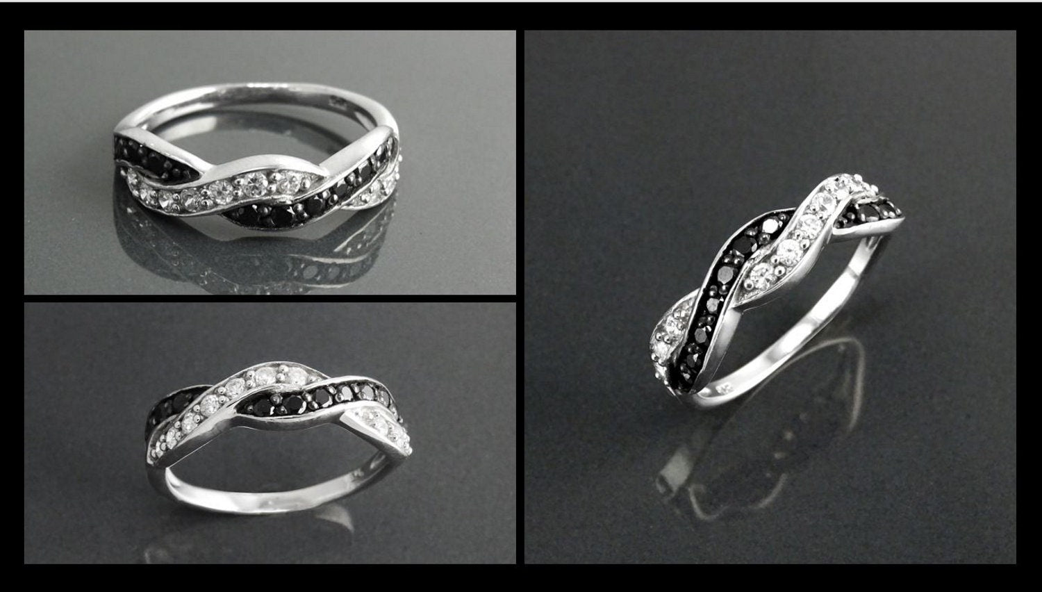 Black and White Diamond Twist Ring by KRAMIKE • Crossing Two Colors Ring • Sterling Silver • Gift For Her • Perfect Anniversary Gift • KR068