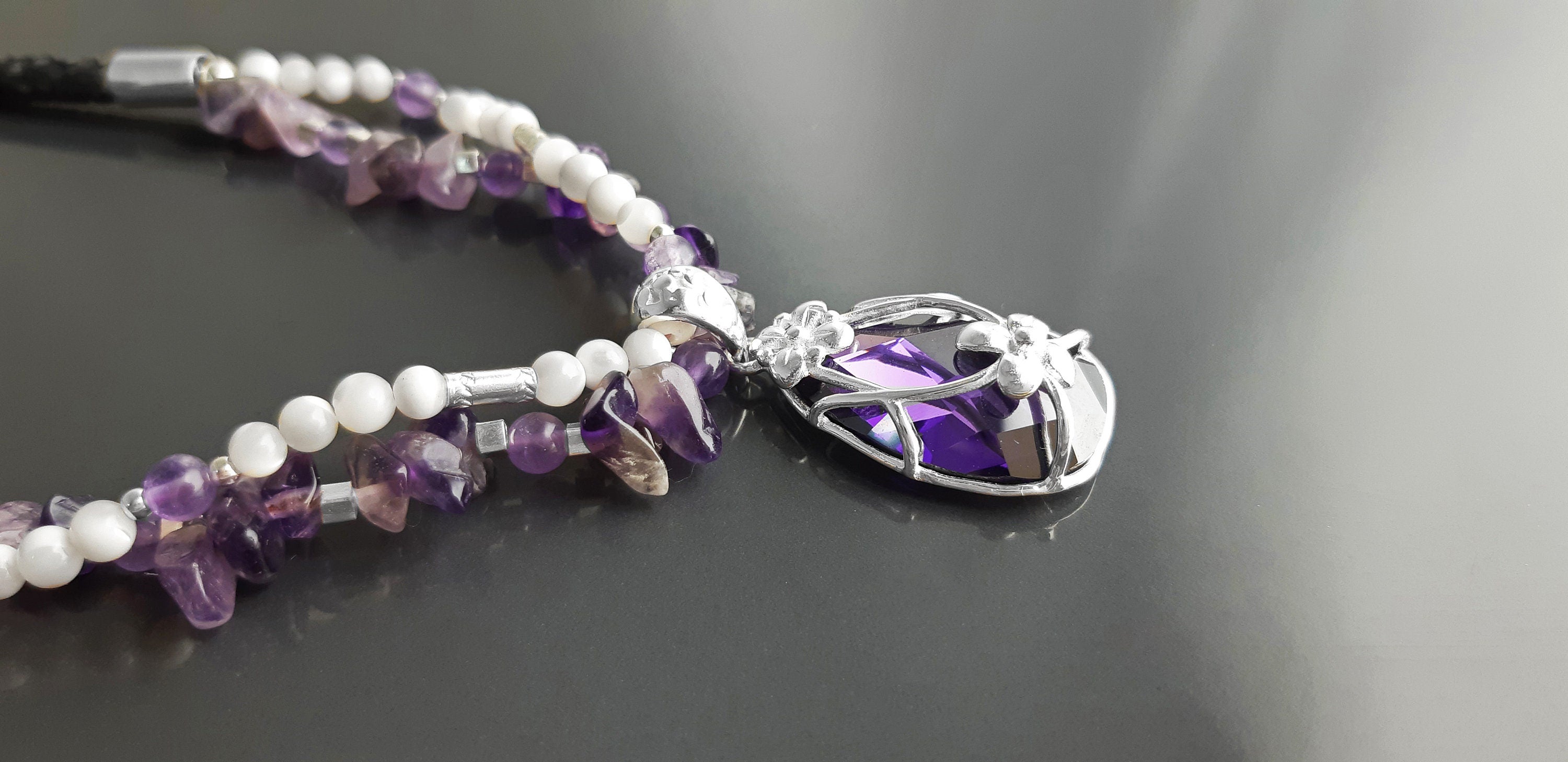 Amethyst Necklace, Sterling Silver, Genuine Raw Amethyst Stones, Shell Pearls Strands, Purple Cz Stone Flower Pendant, Mother's Day Gift