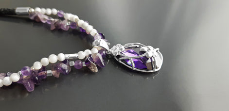 Amethyst Necklace, Sterling Silver, Genuine Raw Amethyst Stones, Shell Pearls Strands, Purple Cz Stone Flower Pendant, Mother's Day Gift
