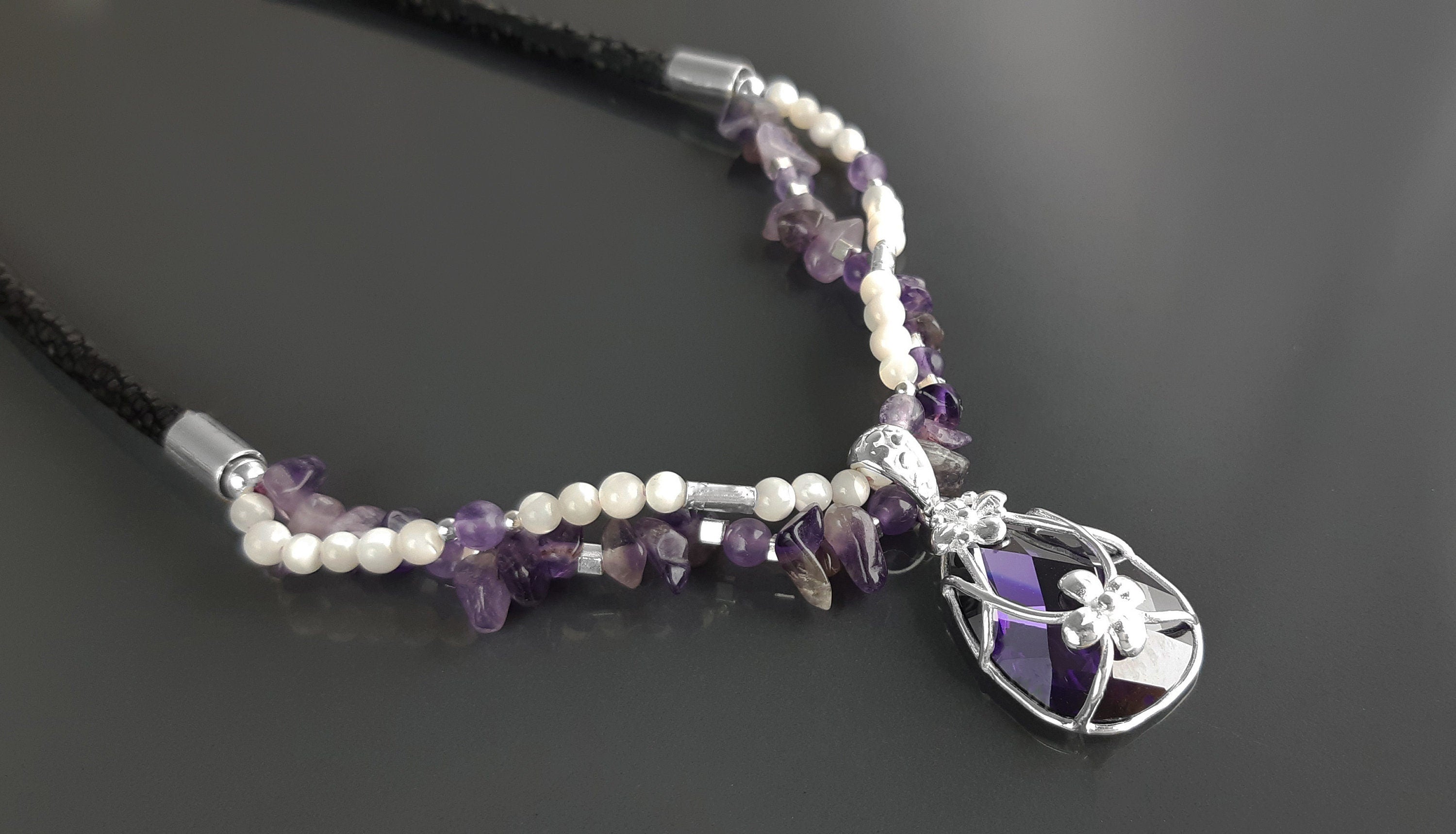 Amethyst Necklace, Sterling Silver, Genuine Raw Amethyst Stones, Shell Pearls Strands, Purple Cz Stone Flower Pendant, Mother's Day Gift