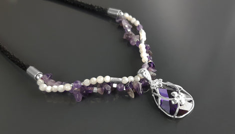 Amethyst Necklace, Sterling Silver, Genuine Raw Amethyst Stones, Shell Pearls Strands, Purple Cz Stone Flower Pendant, Mother's Day Gift